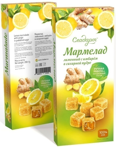 №2 Сладарт Мармелад Лимонный с имбирём в сахарной пудре, 200г    в Большом Камне